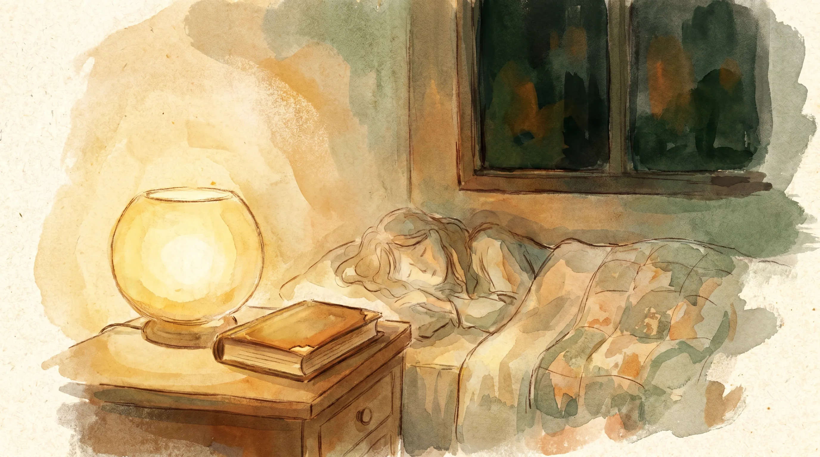 Une lampe de chevet allumée, livre retourné, fenêtre sombre.