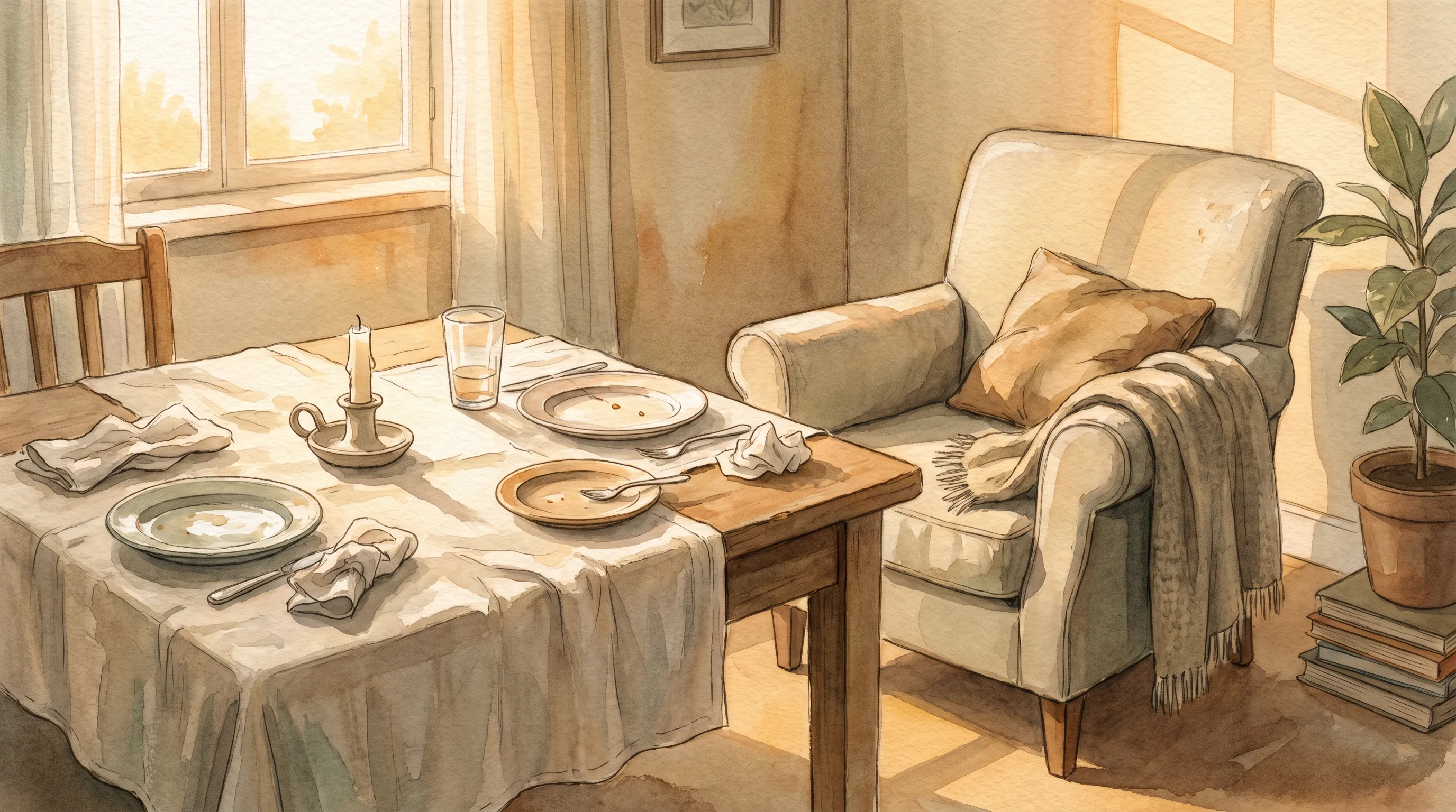 Une table de fête desservie, une chaise encore chaude, lumière du soir.