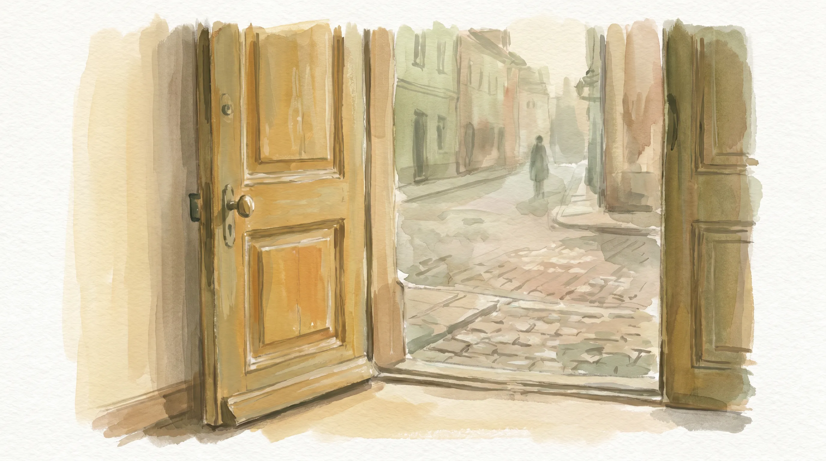 Une porte d'entrée entrouverte sur une rue calme au matin.