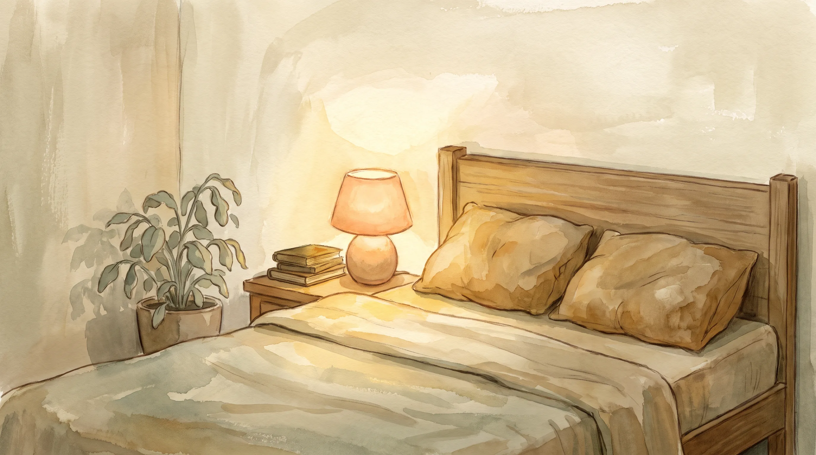 Un lit fait avec deux oreillers, une lampe de chevet allumée d'un seul côté, lumière chaude du soir.