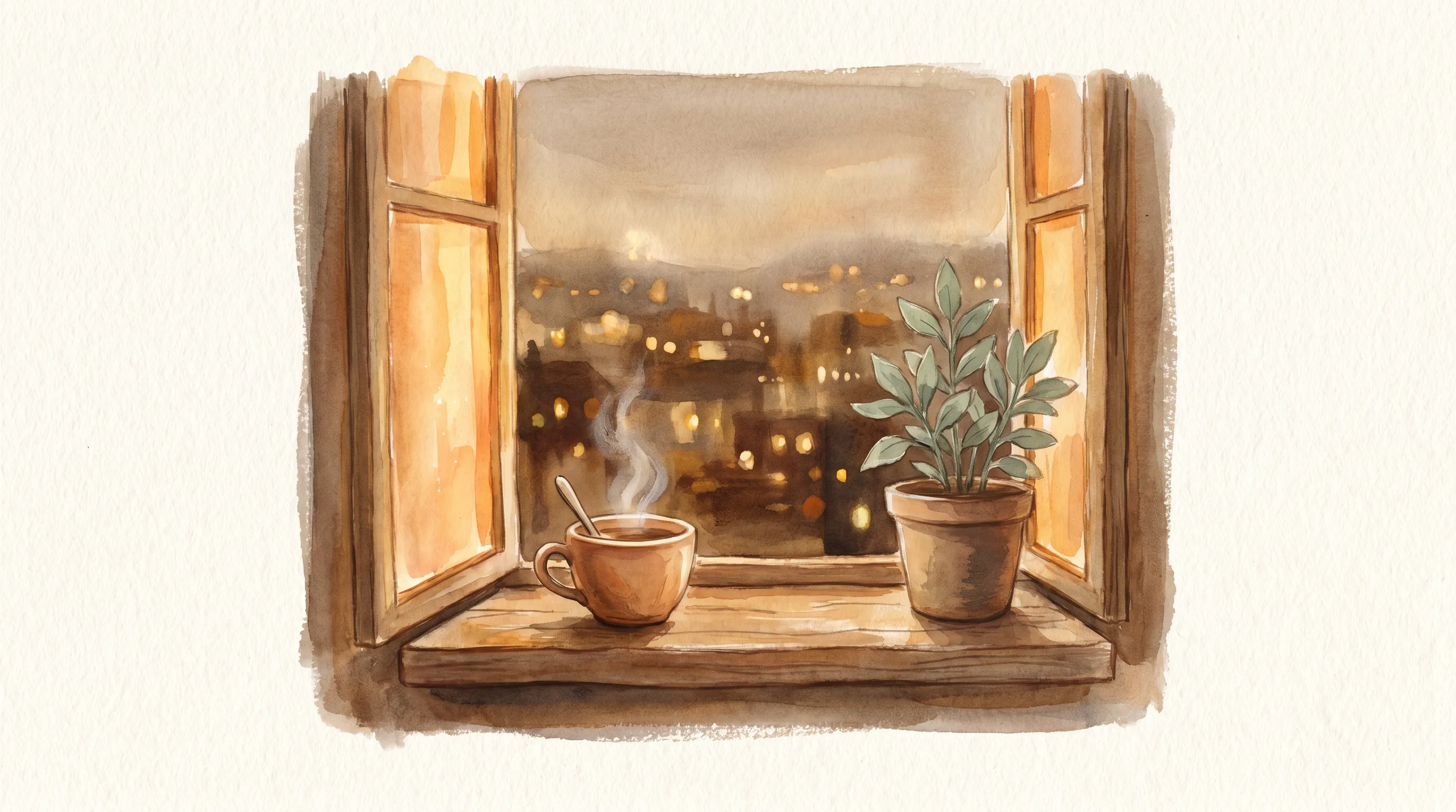 Une fenêtre éclairée le soir, lumières de la ville au loin, une tasse posée sur le rebord.