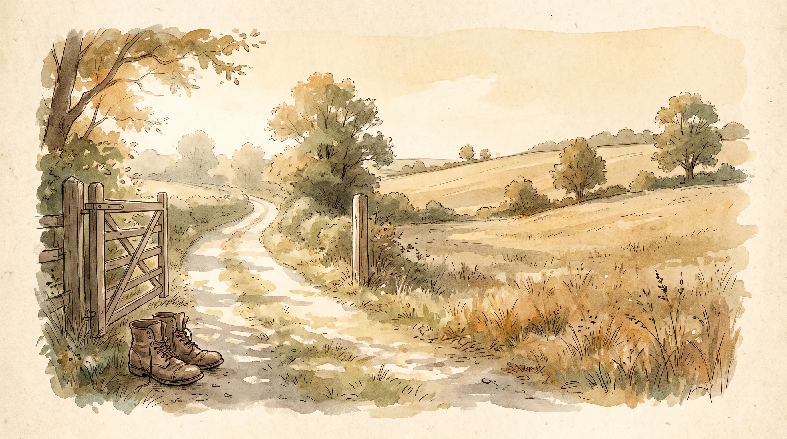Un chemin de campagne au soleil du matin, une seule paire de bottes posée près d'une barrière, un champ ouvert derrière.