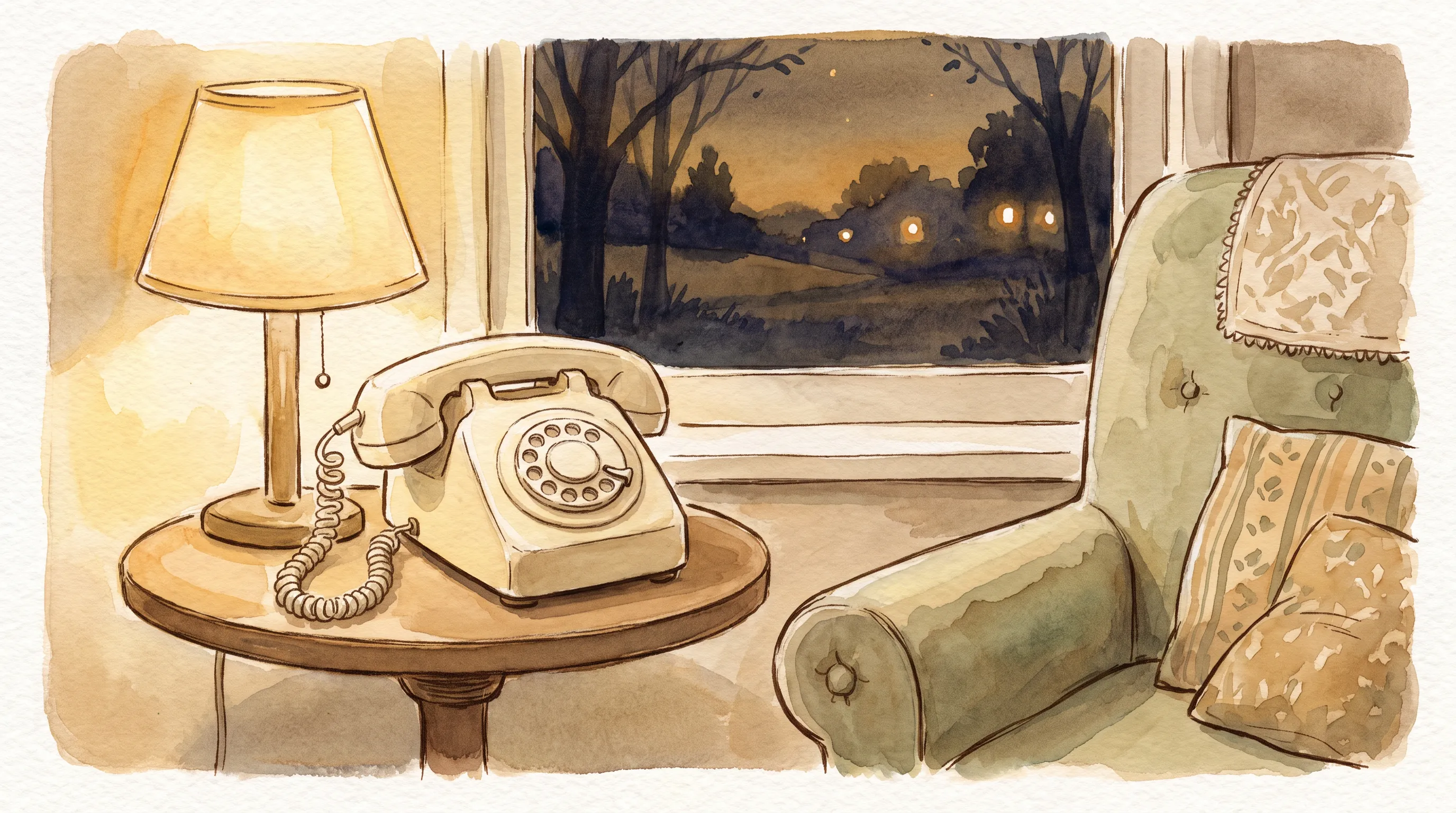 Un téléphone fixe ancien couleur crème posé sur un guéridon, une lampe allumée, un fauteuil, la nuit derrière la fenêtre.