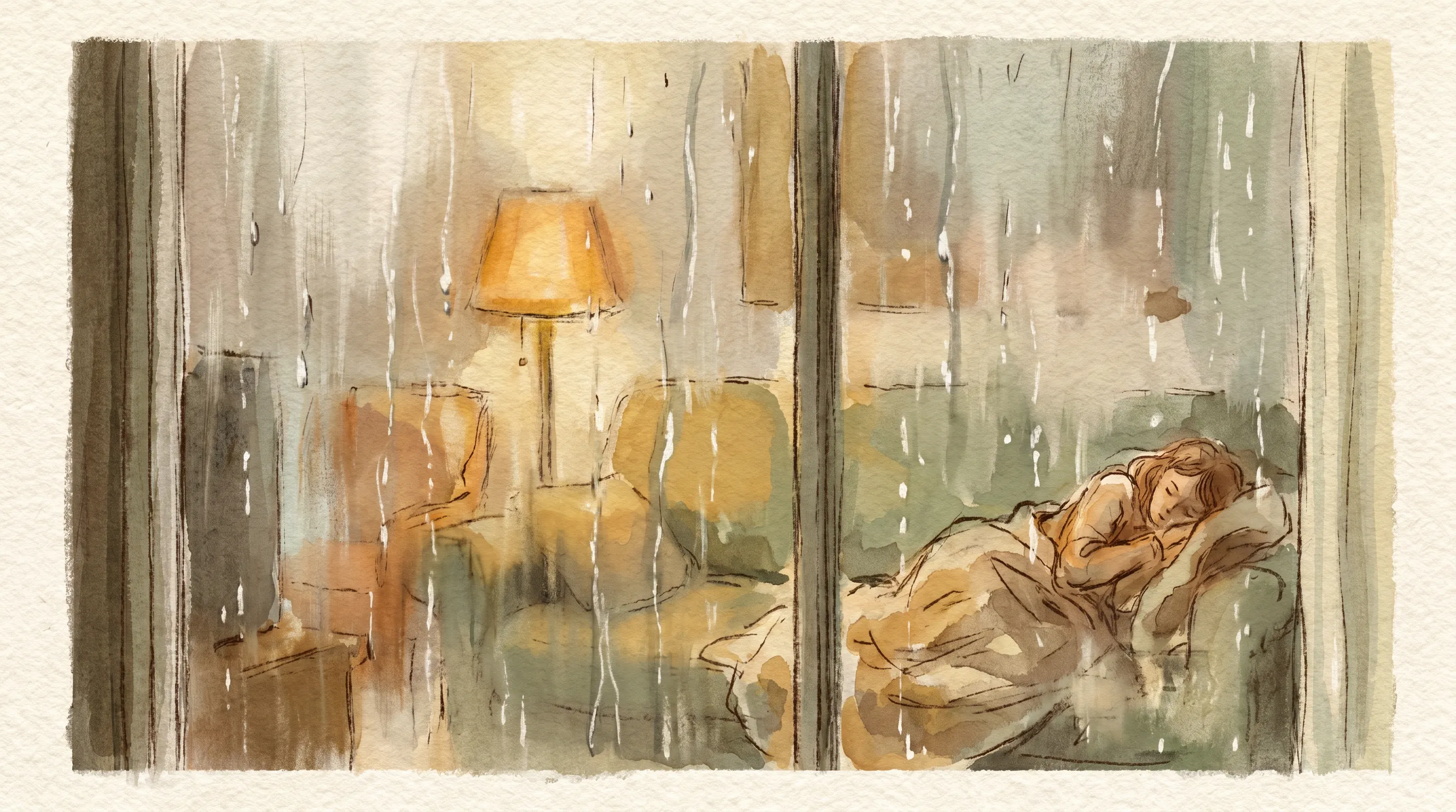 La pluie sur une vitre, intérieur chaud visible en reflet.