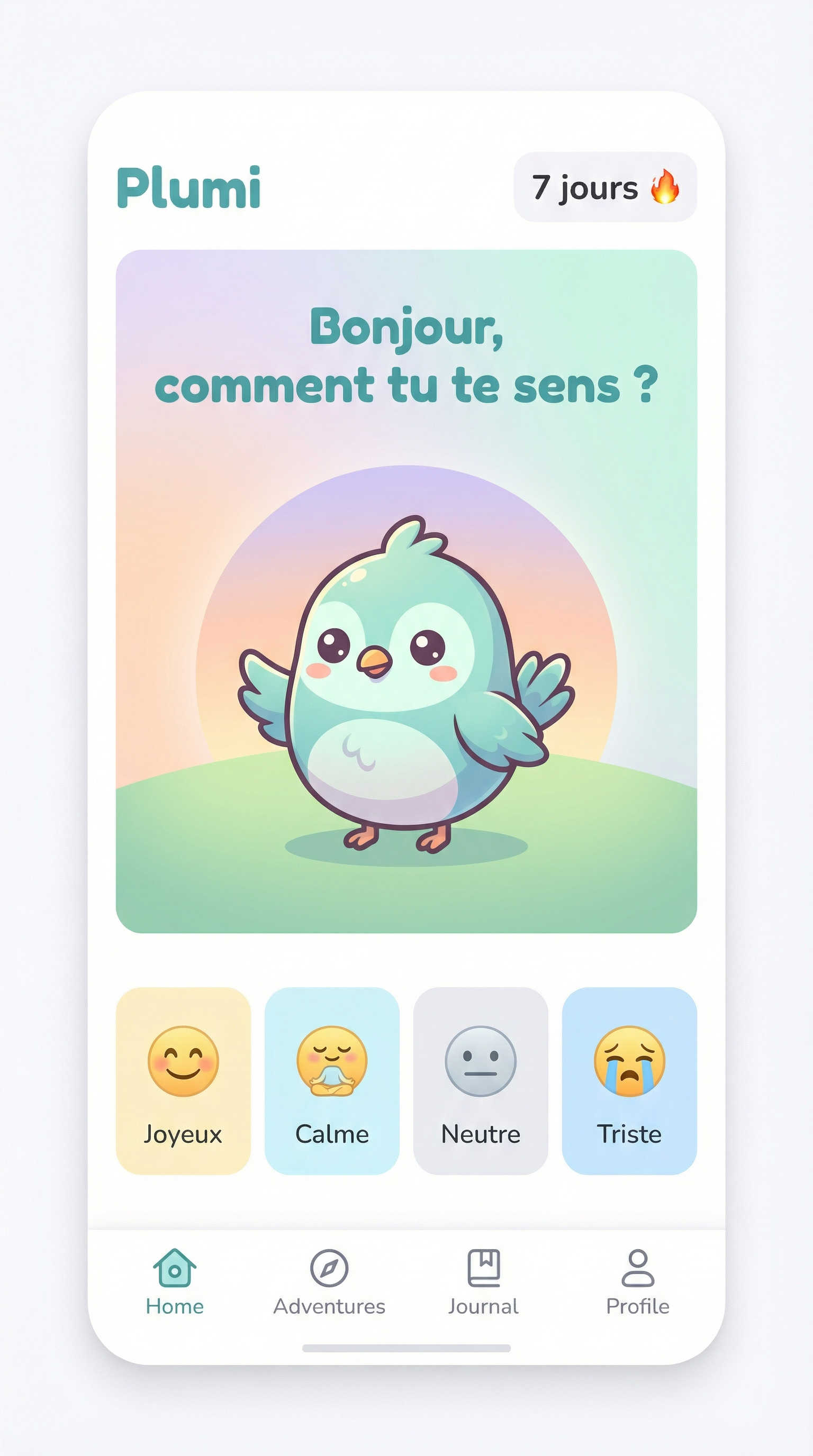 Plumi - Ecran principal avec ton compagnon oiseau