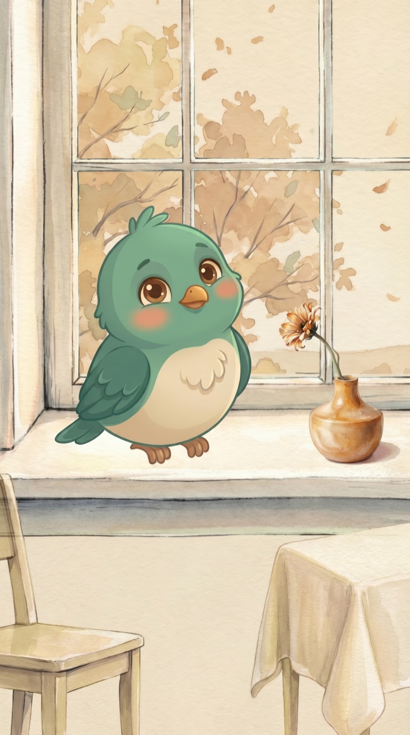 Plumi, un petit oiseau vert, posé sur le rebord d'une fenêtre à côté d'une fleur séchée dans un vase ambre. Par la vitre, des arbres aux feuillages cuivrés dans la lumière du matin.